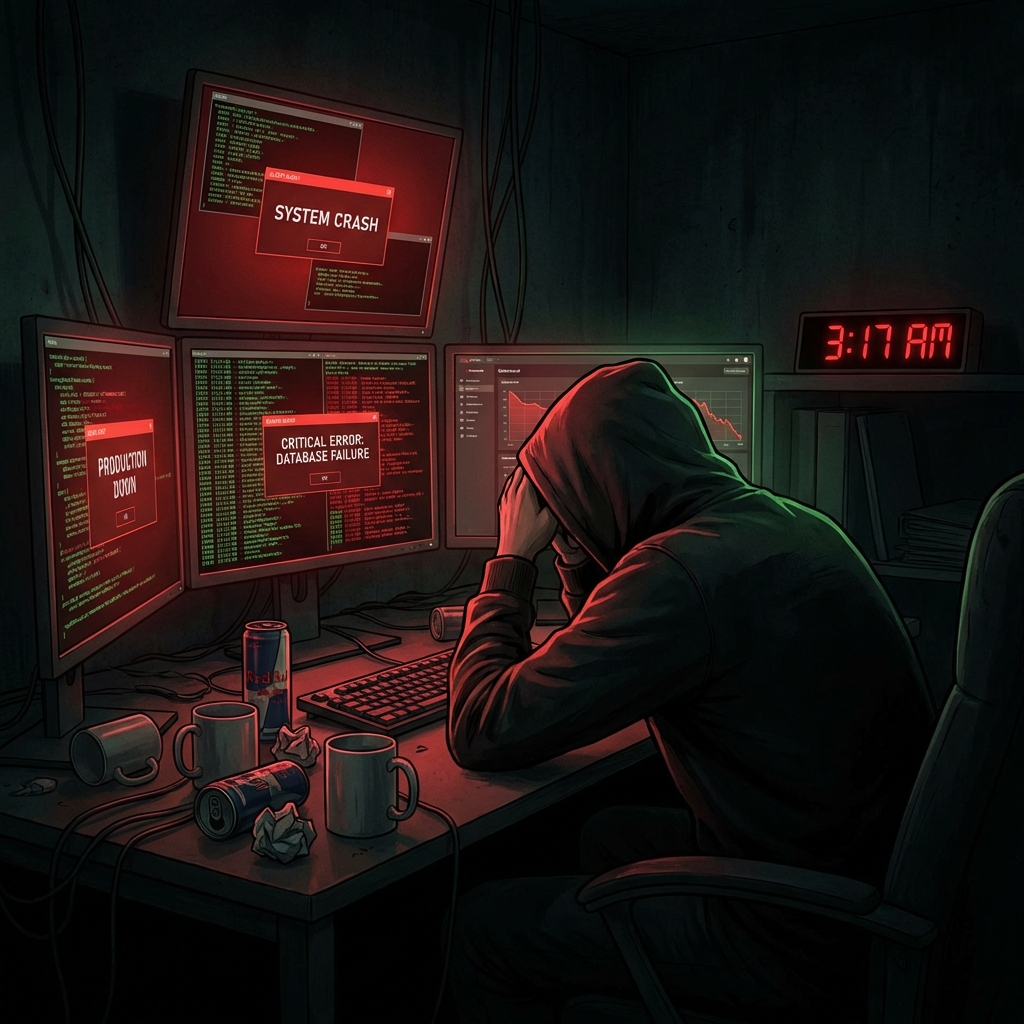 Stressed engineer dealing with production incident